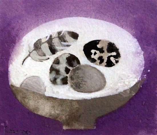 § Mary Fedden (1915-2012) Birds eggs and feathers in a bowl on mauve, 4 x 4.75in.